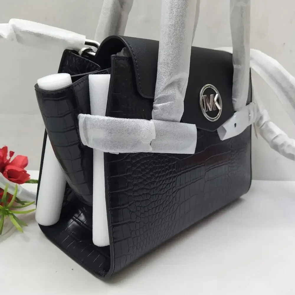 Michael Kors Carmen Black Leather Crocodile Embossed Flap Satchel Bag - NWT $598